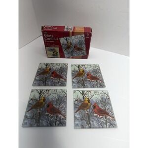 Red‎ Cardinal Coasters Tempered Glass 4"X 4" Non Skid Feet Set of 4 Bird Coaster